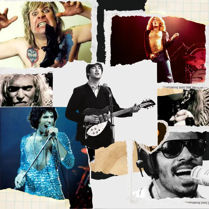 collage of rock vocalists including john lennon in the center