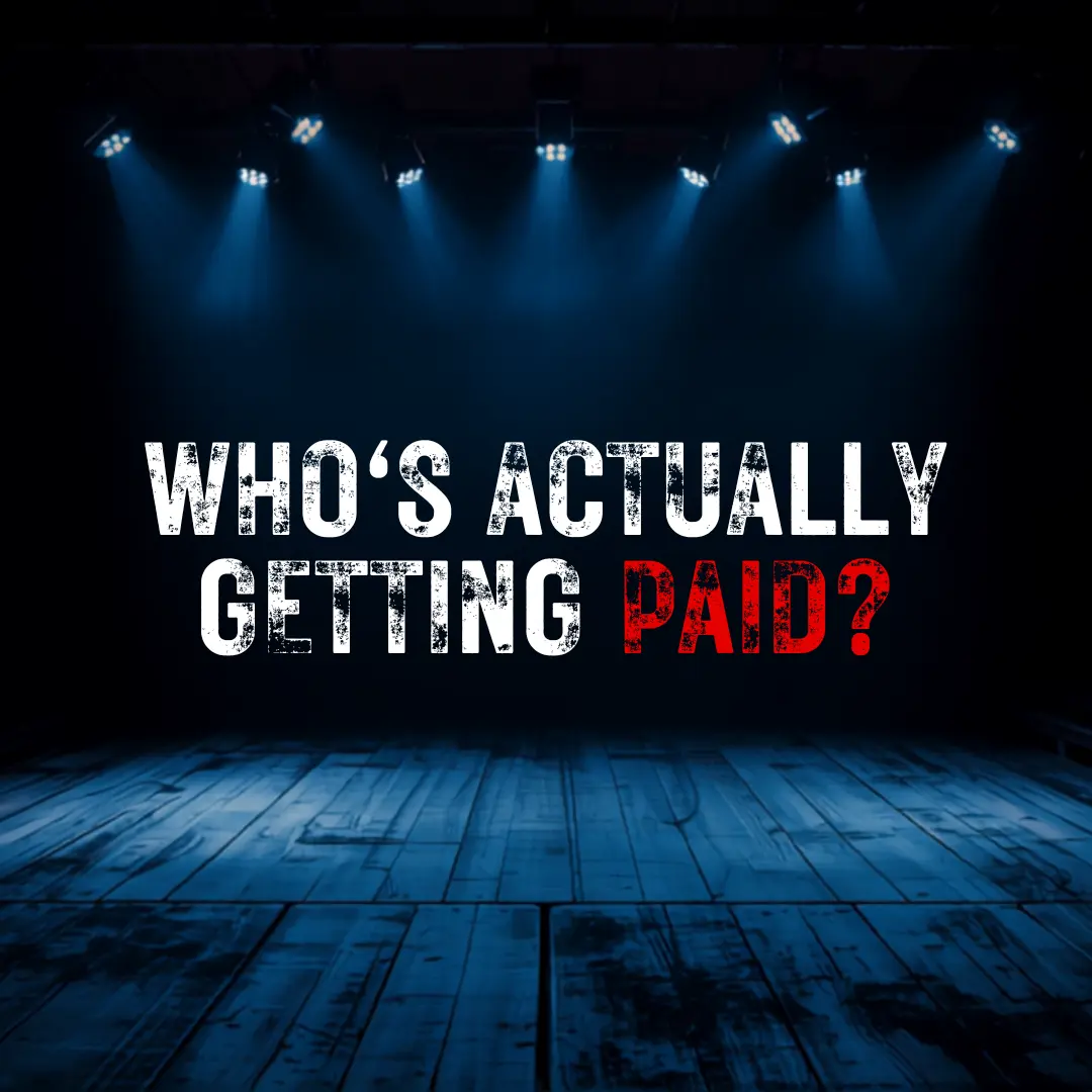 sparse rock club scene with confrontational text